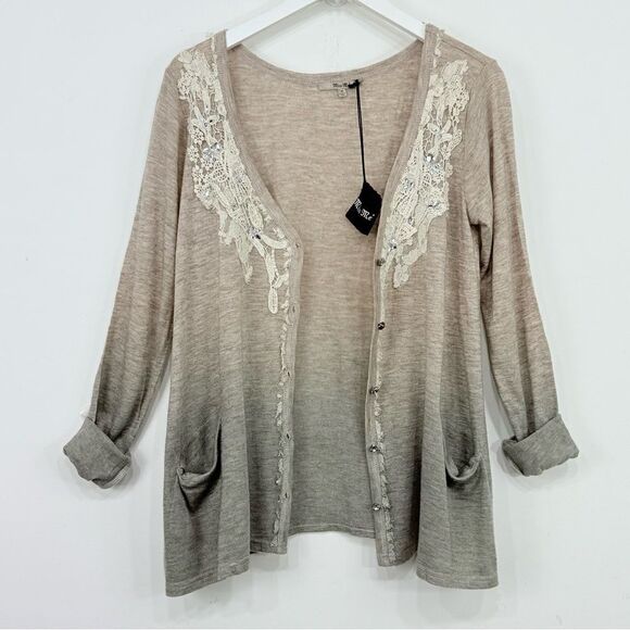 Miss Me Tan Gray Ombré V Neck Lace Trim Rhinestone Jersey Stretch Cardigan NEW - Picture 3 of 16